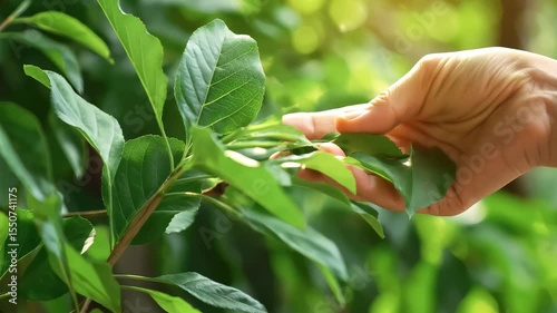 Hand gently touches green leaves in a sunlit forest, symbolizing connection with nature and environmental awareness