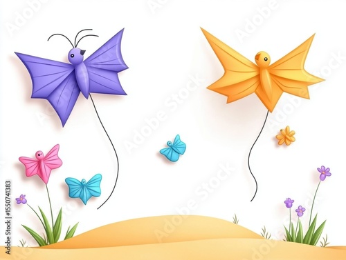 Colorful butterflies and flowers on sand