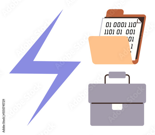 Lightning bolt with folder of binary-coded files and gray briefcase emphasizing energy, technology, and work efficiency. Ideal for data management, innovation, tech solutions, workplace productivity