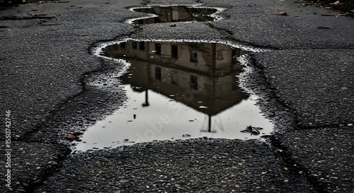 Wallpaper Mural An AI-generatedmillustration showing a atmospheric image showing the reflection of an old, forgotten building in a puddle of water. The puddle has formed in a long crack on a dark. Torontodigital.ca