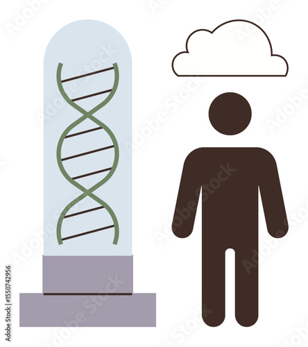 DNA helix encased in a glass dome next to a human figure and abstract cloud. Ideal for science, genetics, innovation, healthcare, biotechnology, research, futuristic design. Simple flat metaphor