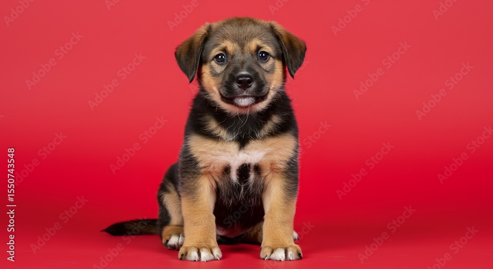 Obraz premium Adorable puppy sits patiently against vibrant red background. AI Generated