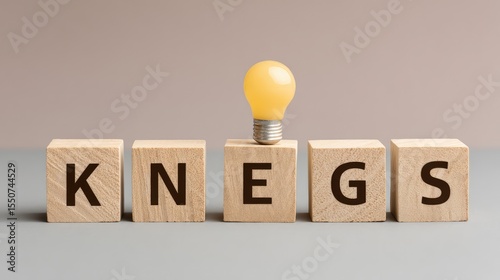 Wallpaper Mural Creative Light Bulb Concept with Wooden Blocks Spelling Out the Word Knegs Against a Soft Neutral Background, Signifying Ideas and Innovation Torontodigital.ca