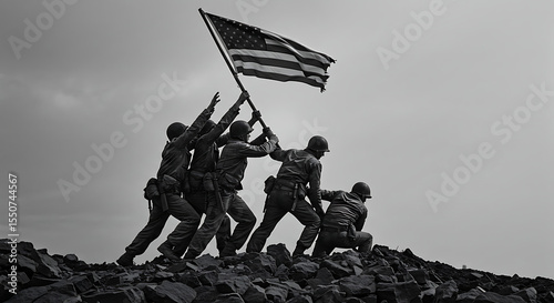 A black and white statue of soldiers raising the American flag on a rocky terrain.