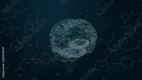 Drifting light particles condensing into rotating holographic brain model showcasing molecular grid