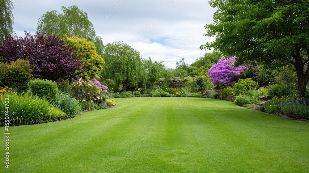 Fototapeta premium Lush Green Lawn Surrounded by Vibrant Flowers and Trees in a Serene Garden Setting with Cloudy Sky and Tranquil Atmosphere for Nature Lovers and Garden Enthusiasts