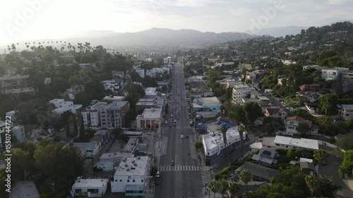 Aerial view of Silver Lake neighborhood with homes and commercial buildings Los Angeles USA