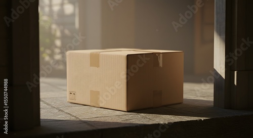 Cardboard box package delivered and left on a doorstep or porch. (AI Generated)