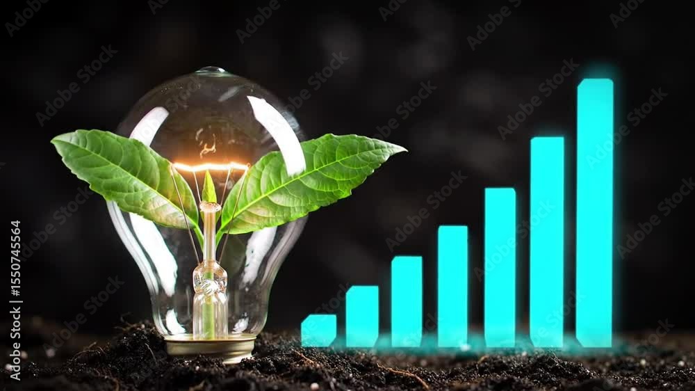 A glowing light bulb with leaves and a rising bar graph.