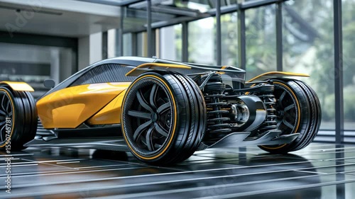 Futuristic concept car with a sleek design and exposed suspension system, displayed in a modern showroom with natural light reflections