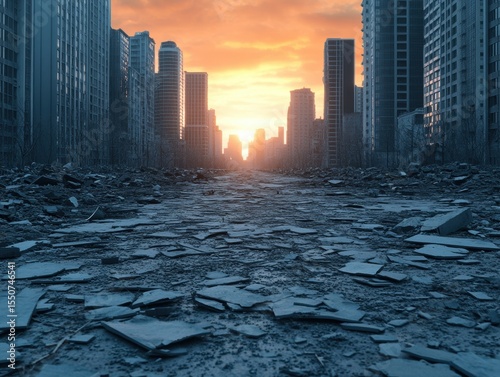 Fototapeta Naklejka Na Ścianę i Meble -  Desolate city street after destruction