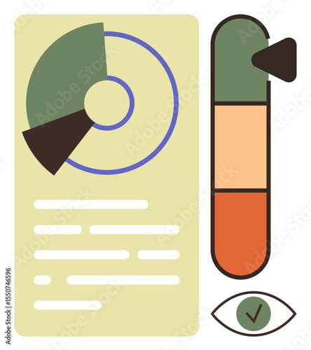 Abstract data visualization with pie chart, vertical progress bar, text elements, and eye checkmark. Ideal for business, analytics, productivity, evaluation feedback monitoring approval. Simple