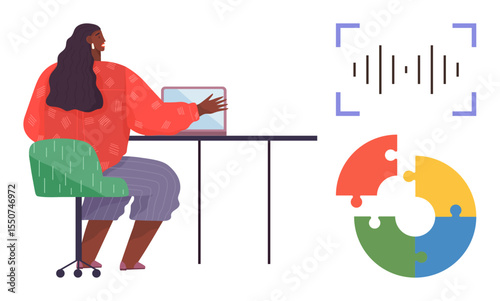 Woman sitting at desk using a tablet, sound wave graphic signifying communication, and circular puzzle symbolizing teamwork, strategy, collaboration. Ideal for workplace, creativity, education