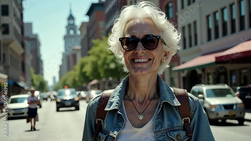 Joyful mature woman with white hair and sunglasses smiles while walking on a city street with buildings and cars in the background