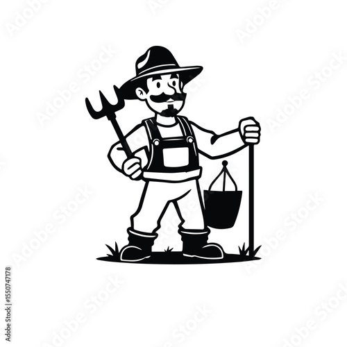 Vector art of a cheerful cartoon illustration of a farmer holding a pitchfork and bucket, isolated on white background