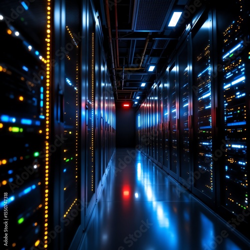 Server room with data center lights