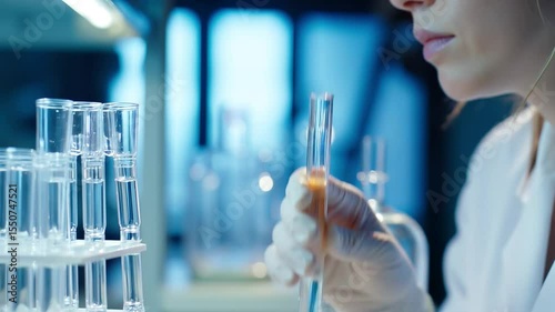 Scientist in protective eyewear and gloves carefully examining test tubes in a modern laboratory environment