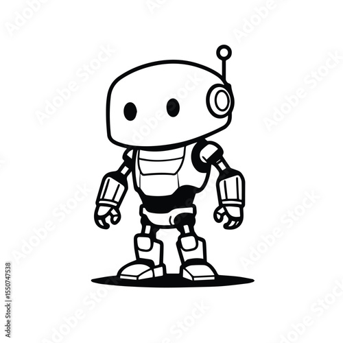 Vector art of a cute cartoon robot character illustration in black and white, isolated on white background