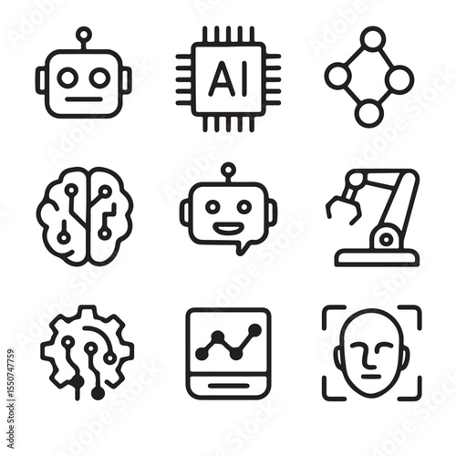 AI and Robotics Icon Set – 9 Black and White Vector Symbols for Technology & Automation

