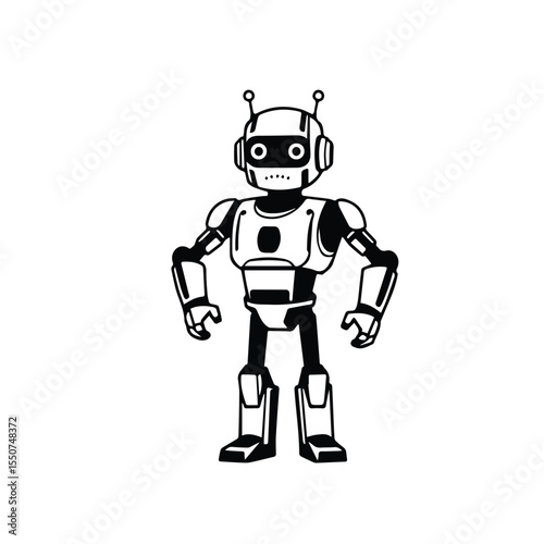 Vector art of calm robot character design a neutral and serious black and white illustration, isolated on white background