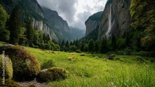Worm’s Eye View of Staubbach Falls – Lauterbrunnen Valley from Grassy Meadow
