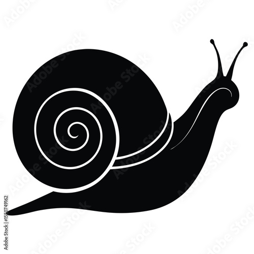 Simple black and white silhouette of a snail crawling across a white background