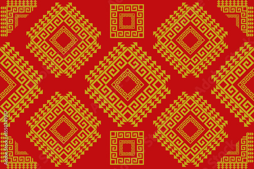 Traditional Chinese-inspired pixel pattern with gold geometric motifs on a red background, ideal for textile, fashion, and decorative design markets in China.