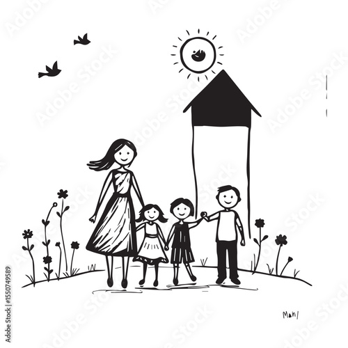 Happy stick figure family with mother father and two children standing outside their home under the sun
