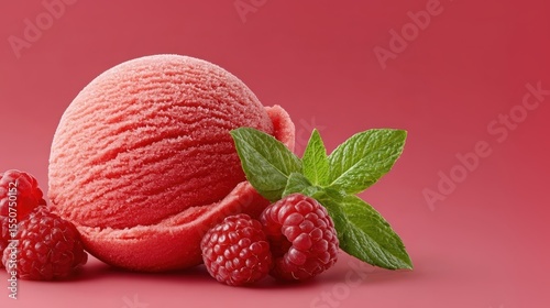 Refreshing Raspberry Sorbet with Fresh Raspberries and Mint Leaves on Vibrant Pink Background