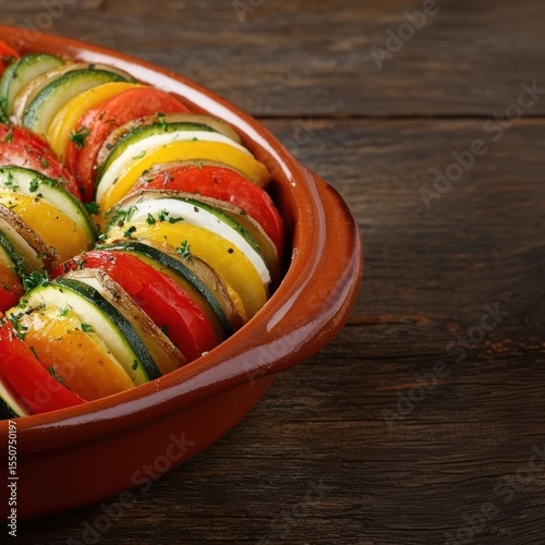 Colorful Vegetable Dish Arranged in Circular Pattern in Rustic Terracotta Dish