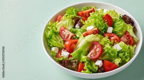 Fresh Green Salad with Tomatoes and Feta Cheese in White Bowl on Light Green Background