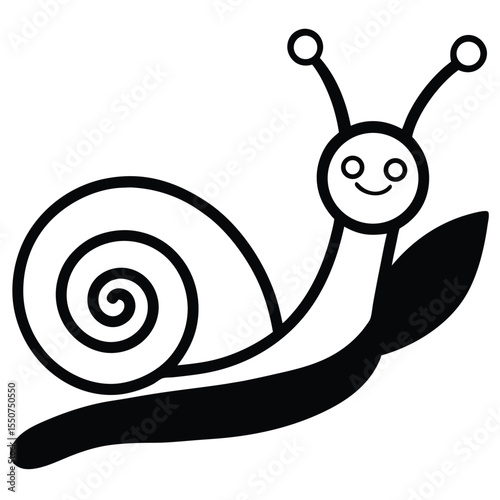 Black and white cartoon snail illustration featuring a smiling face and adorable antennas for design elements.