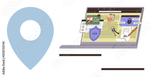 Laptop screen displaying GDPR shield, forms, key, and files connected with data security. Large location pin highlighting geographical aspects. Ideal for privacy, security, compliance, legal