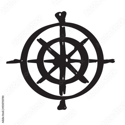 Stylized black silhouette of a ship s helm or steering wheel on a white background