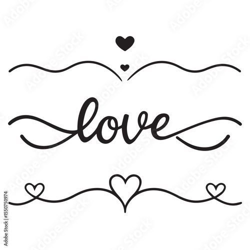 Elegant black script word love with decorative heart flourishes and wavy lines on white background