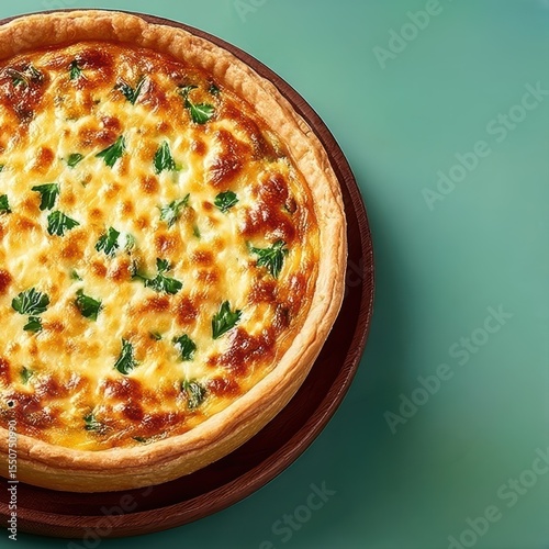 Freshly Baked Spinach Quiche with Golden Crust and Green Herbs on a Simple Plate