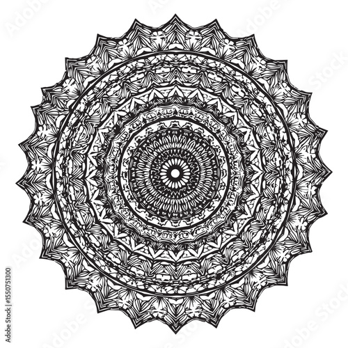 Intricate black and white mandala with complex geometric patterns and radial symmetry on a white background
