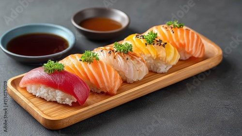 Fresh Sushi Platter with Assorted Fish, Garnish and Dipping Sauces on Wooden Board