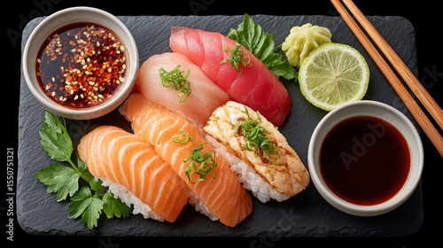 Fresh Sushi Platter with Assorted Fish, Sauces, and Garnishes on Slate Serving Board