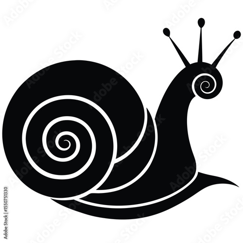 Black and white vector illustration of a cartoon snail with simple decorative design elements