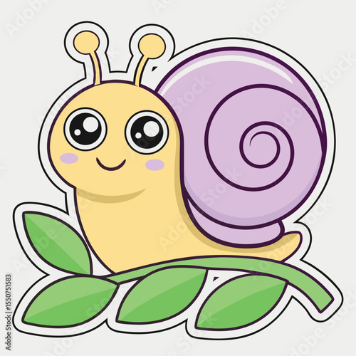 Cute cartoon snail with big eyes and smiling face resting on a leaf branch