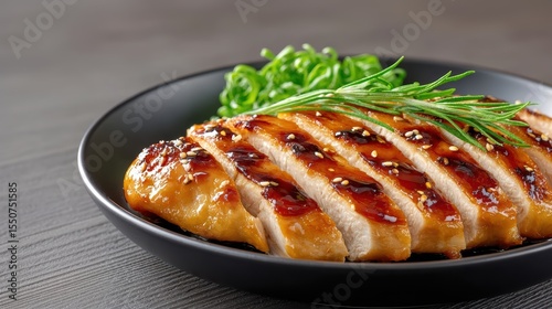 Grilled Teriyaki Chicken Slices with Green Onions and Sesame Seeds on Black Plate