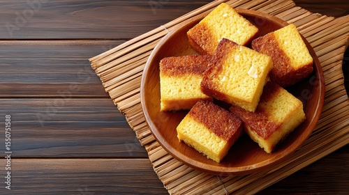 Delicious Golden Teriyaki Tofu Cubes on a Plate Surrounded by a Natural Wooden Setting