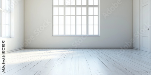 White loft room with sunlight on a white floor. some classic  feel. Clean interior wall and floor.  