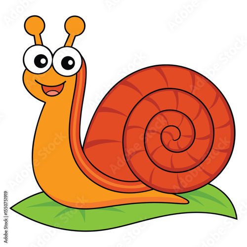 Cute smiling cartoon snail illustration on a leaf for children's books and educational resources
