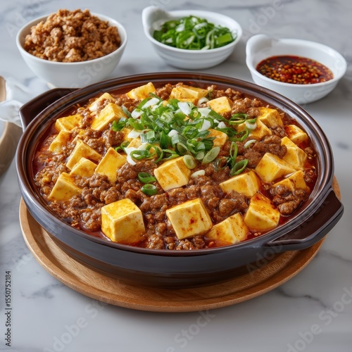 Spicy Mapo Tofu with Minced Beef and Soft Tofu Cubes in Rich Red Sauce