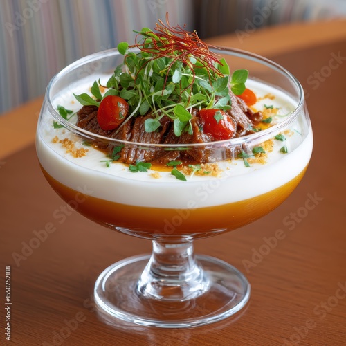 Spicy Thai Beef Consomme Foam with Fresh Herbs and Garnishes in Elegant Dessert Bowl Presentation