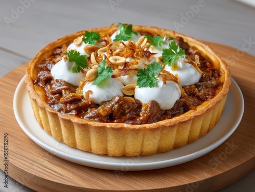 Slow Braised Wagyu Beef in Rich Massaman Curry Tart with Coconut Cream and Garnishes