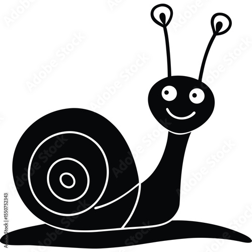 Playful black and white snail illustration with spiraling shell and smiling face