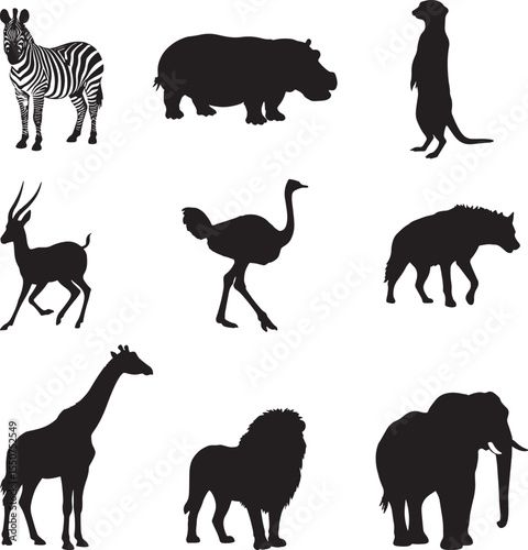 Collection of african wildlife animals in silhouette style